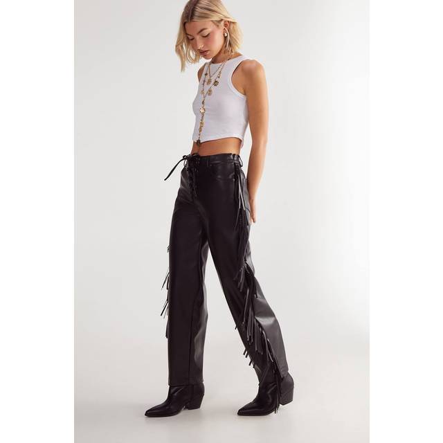 Womens Fringe Faux Leather Trousers - Black - 8