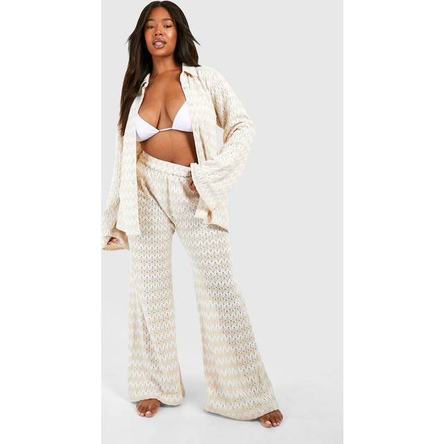Womens Plus Neutral Stripe Crochet Beach Trouser - Beige - 16, Beige