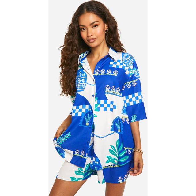 Womens Hammered Boho Print Oversized Shirt & Shorts Set - Blue - 6, Blue