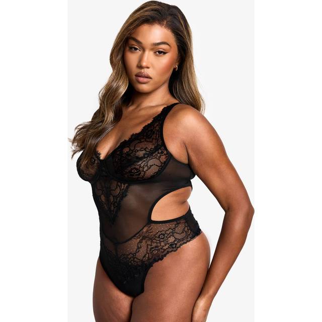 Womens Plus Lace Plunge Body - Black - 22