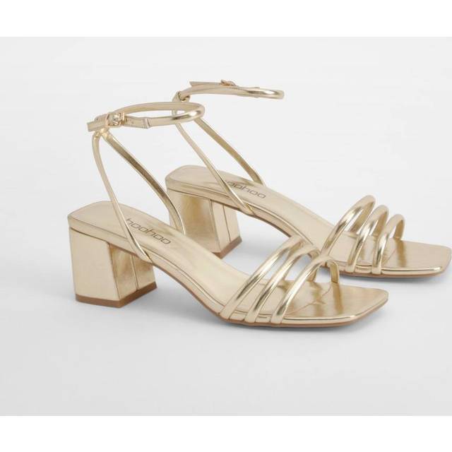 Womens Square Toe Triple Strap Low Block Heel Sandals - Gold - 5