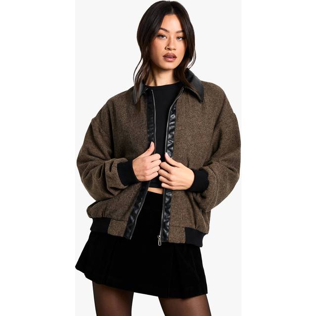 Womens Tall Contrast PU Trim Wool Look Bomber Jacket - Brown - 10