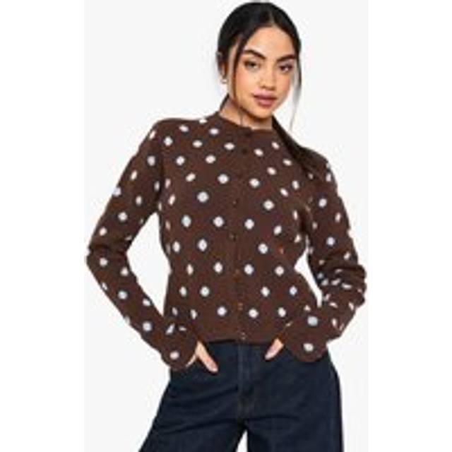 Womens Polka Dot Crew Neck Knitted Cardigan - Brown - S