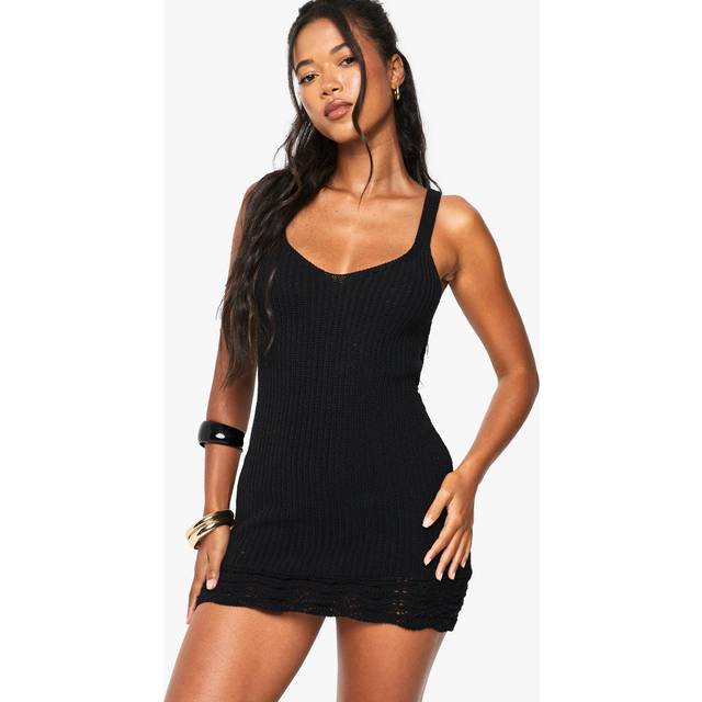 Womens Beach Crochet Hem Detail Knitted Mini Dress - Black - M, Black