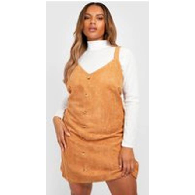 Womens Plus Cord Button Down Pinafore Dress - Beige - 22, Beige