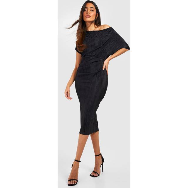 Womens Off The Shoulder Plisse Midi Dress - Black - 8, Black
