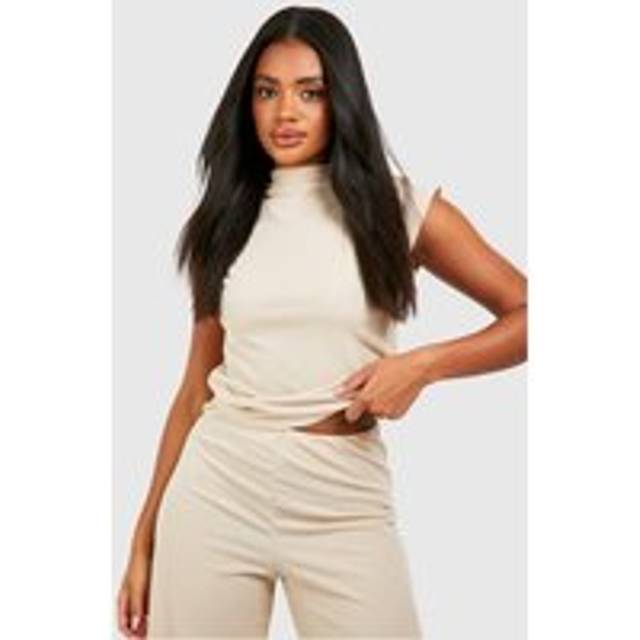 Womens Ribbed High Neck Boxy Top - Beige - 10