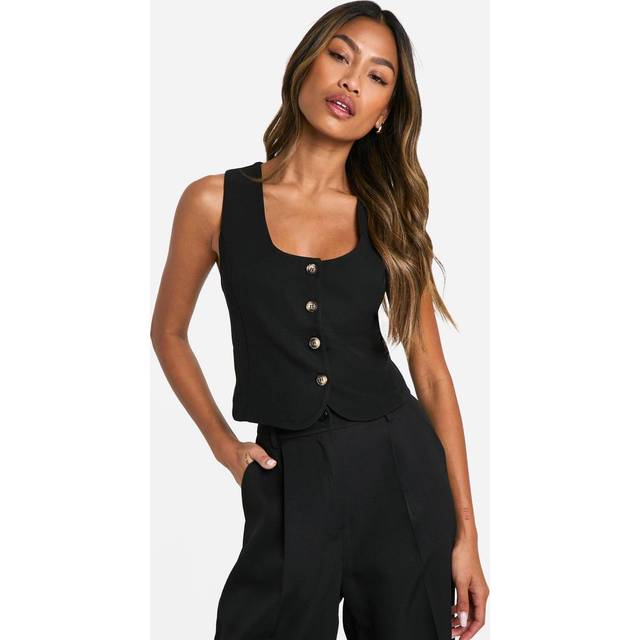 Womens Square Neck Crop Waistcoat - Black - 6
