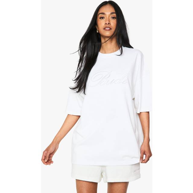 Womens Bridal 'Bride' Embroidered Oversized T-Shirt - White - 10, White