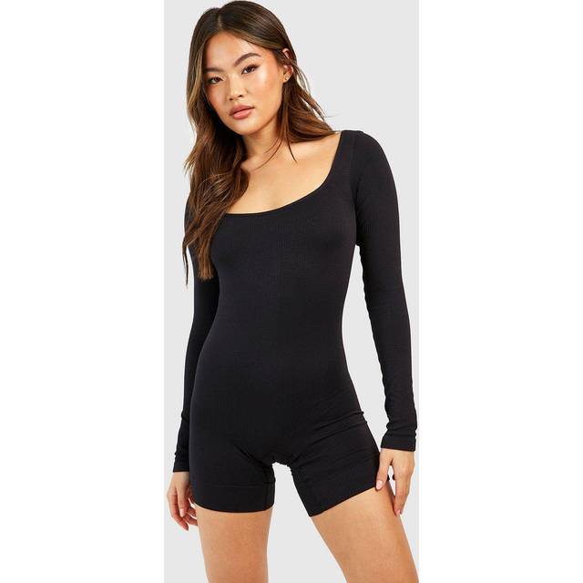 Womens Seamless Rib Long Sleeve Short Unitard - Black - L, Black