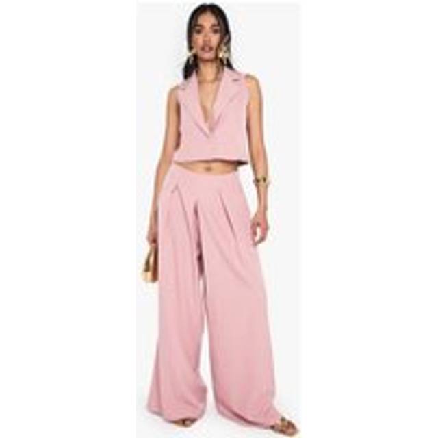 Womens Linen Look Pleat Front Wide Leg Tailored Trousers - Pink - 12