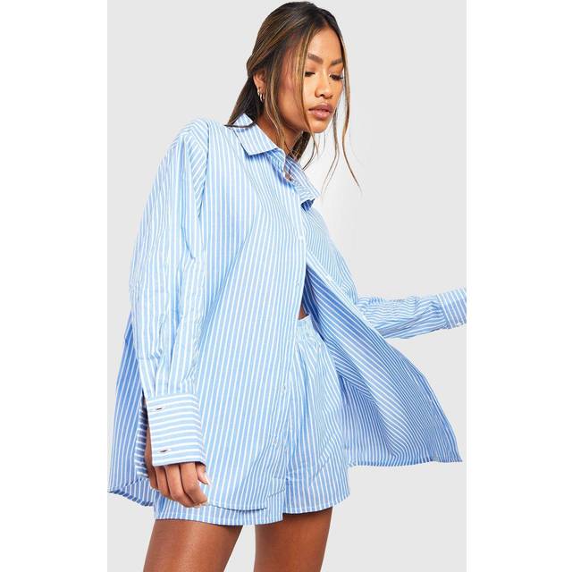 Womens Cotton Pinstripe Oversized Pyjama Shirt - Blue - 8