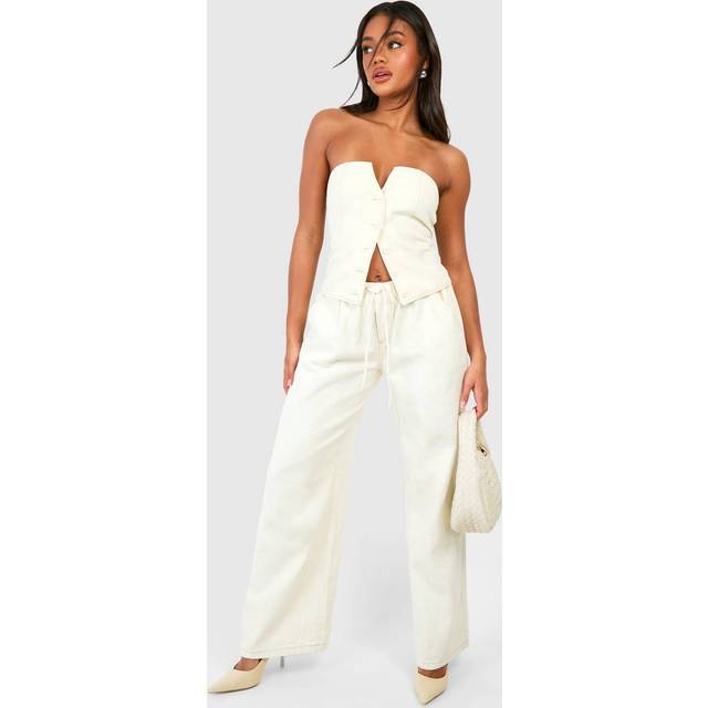 Womens Low Rise Elasticated Drawstring Waist Baggy Boyfriend Jeans - Cream - 16, Cream