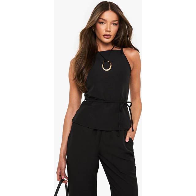 Womens Woven Strappy High Neck Tie Waist Top - Black - 6, Black