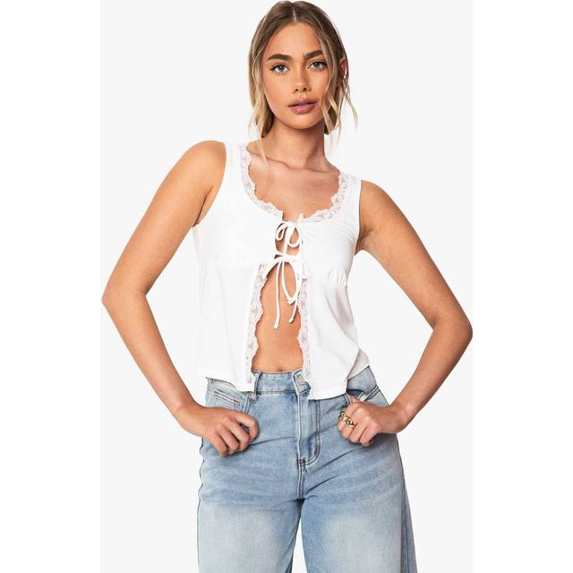 Womens Slinky Lace Trim Tie Front Milmaid Top - White - 12, White