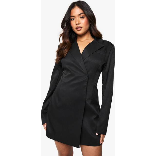 Womens Petite Structured Oversized Wrap Over Blazer Dress - Black - 12, Black