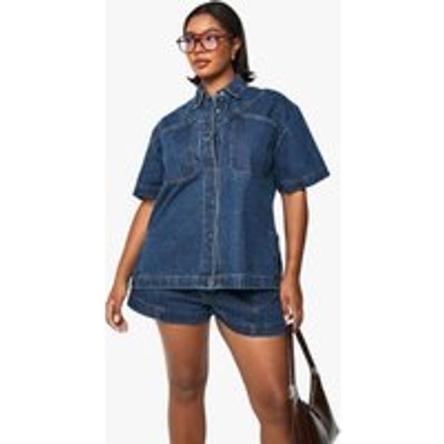 Womens Plus Denim Short Sleeve Longline Shirt - Blue - 20, Blue