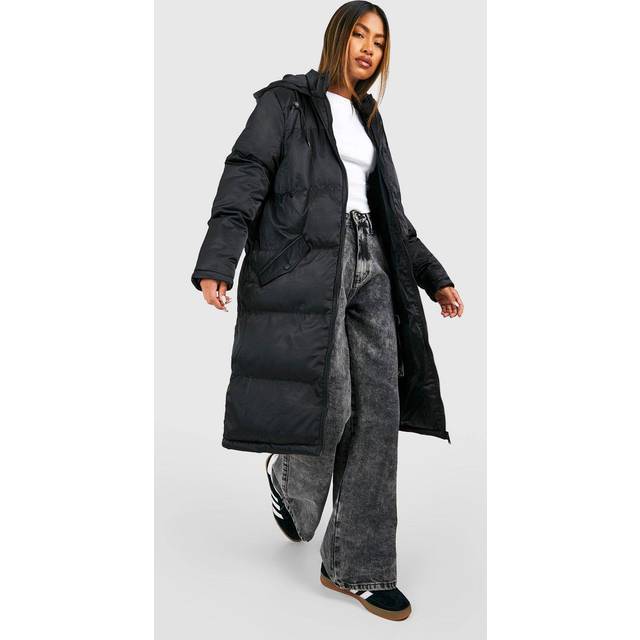 Womens Longline Hooded Padded Puffer Jacket - Black - 10