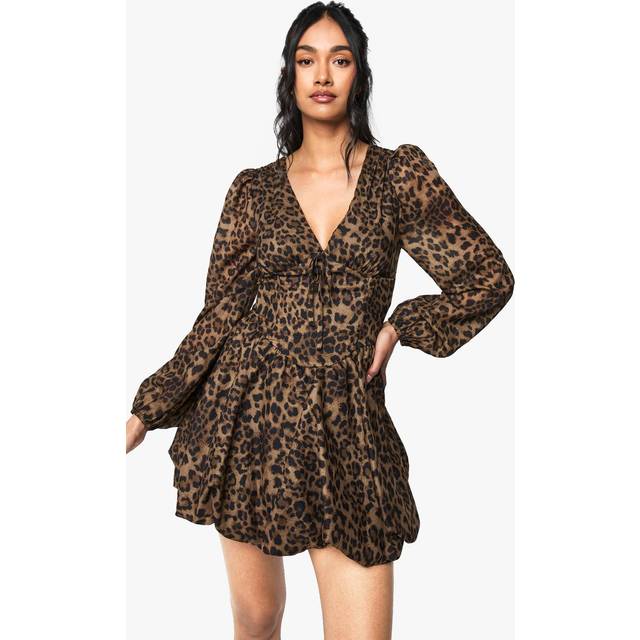 Womens Chiffon Leopard Print Puff Sleeve Milkmaid Skater Dress - Multi - 16, Multi