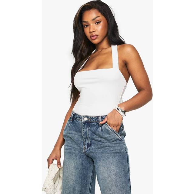 Womens Super Soft Square Neck Halter Top - White - 14
