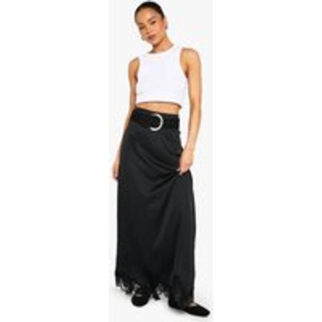 Womens Satin Lace Trim Maxi Slip Skirt - Black - 12