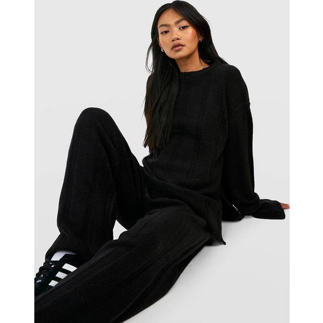 Womens Soft Knit Wide Rib Jumper And Flares Knitted Co-Ord - Black - 12, Black