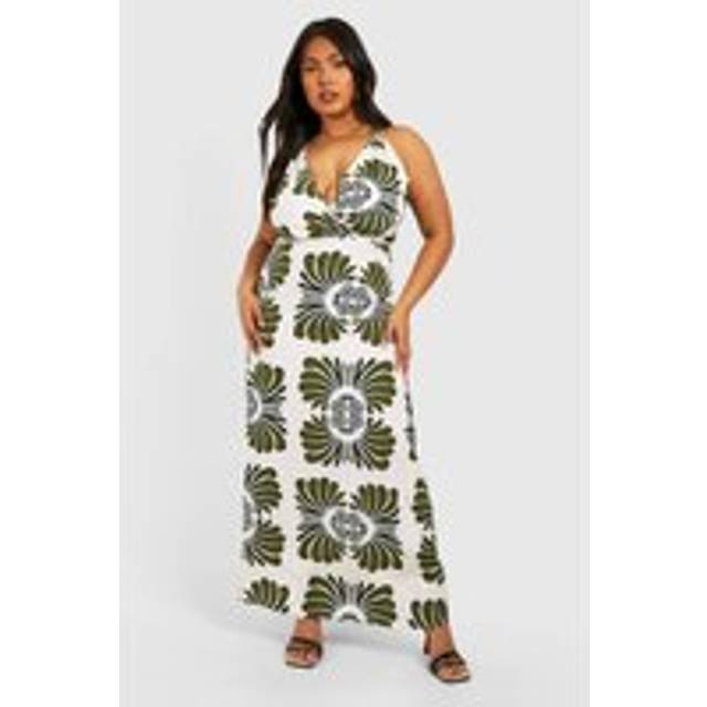 Womens Plus Woven Scarf Print Strappy V Neck Maxi Dress - Green - 16