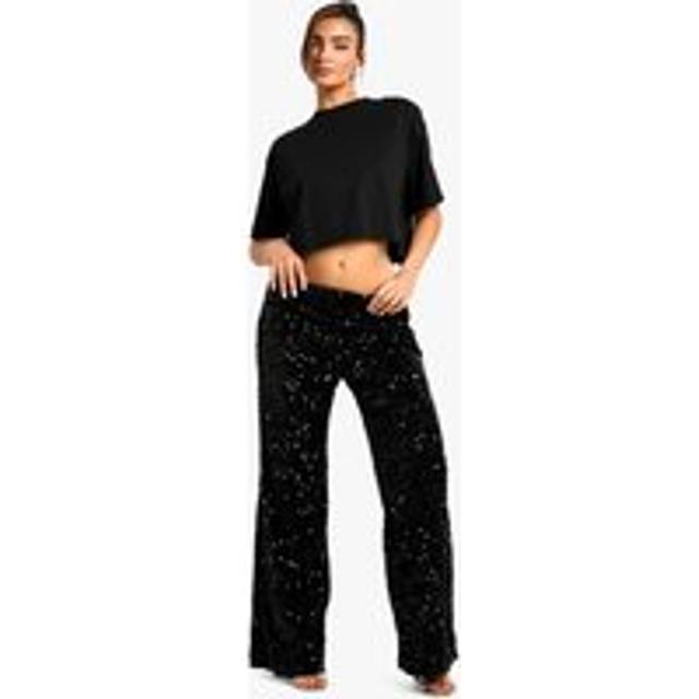Womens Velvet Sequin Wide Leg Trousers - Black - 8