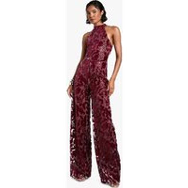Womens Tall Damask Wide Leg Halterneck Jumpsuit - Red - 14, Red