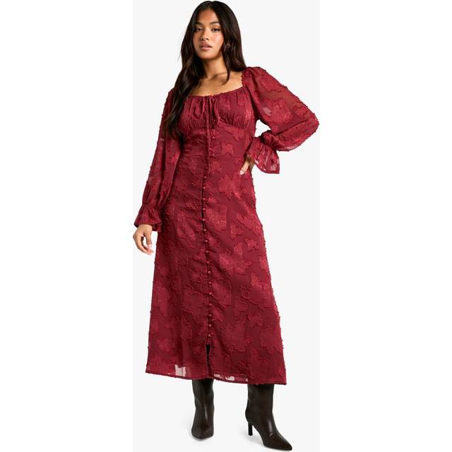 Womens Petite Tie Detail Burnout Long Sleeve Midaxi Dress - Red - 10