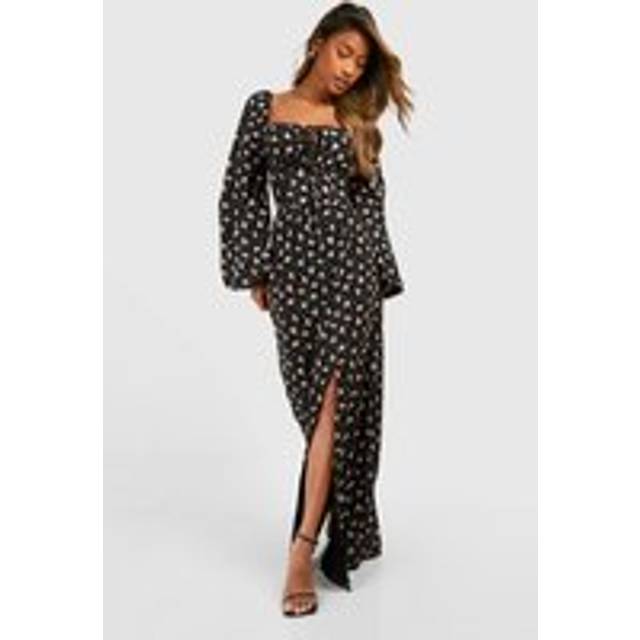Womens Ditsy Balloon Sleeve Milkmaid Maxi Dress - Black - 18