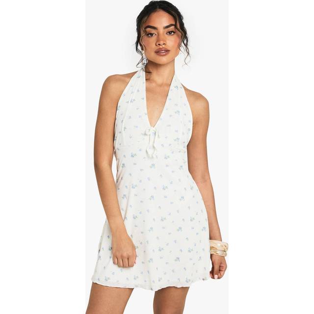 Womens Ditsy Floral Lace Halter Mini Dress - White - 8