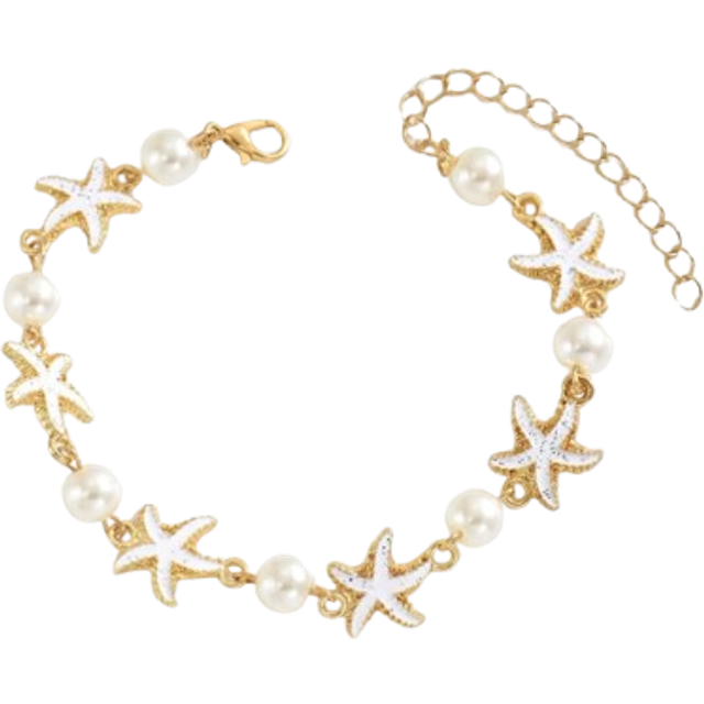 SHEIN 1pc Summer Ocean-Inspired Alloy Glazed Shiny Starfish & Faux Pearl Combination Anklet, Handmade Jewelry Suitable For Daily, Beach, Party, Date, Travel