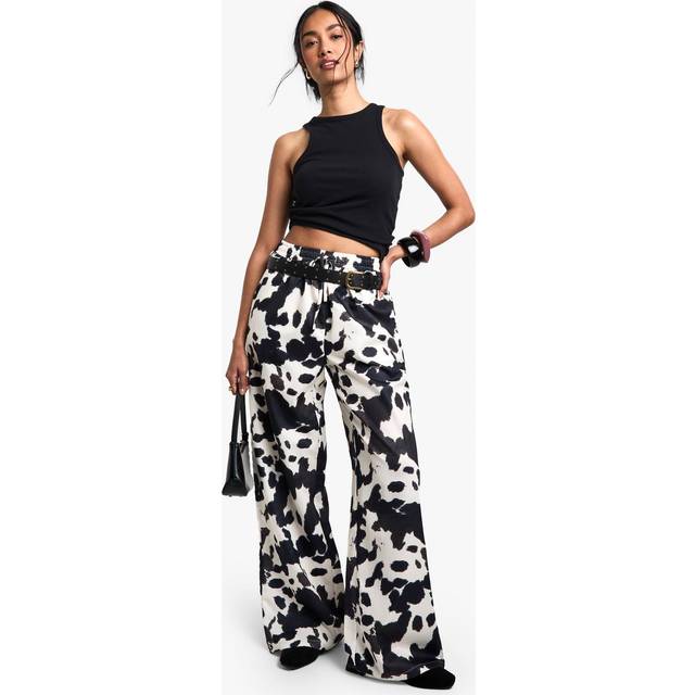 Womens Drawstring Cow Printed Wide Leg Trousers - Multi - 14