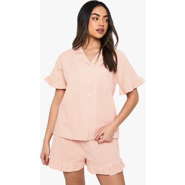Womens Gingham Ruffle Detail Short Sleeve Shirt & Shorts Pyjama Set - Orange - 10