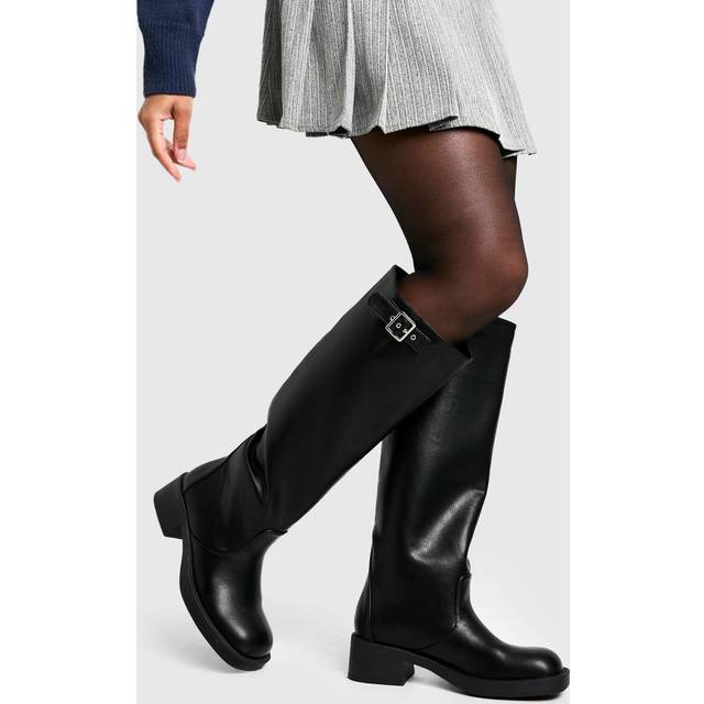 Womens Vintage Look Buckle Detail Knee High Boot - Black - 7