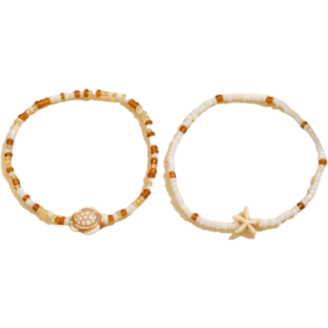 SHEIN 2pcs/Set Bohemian Beaded Anklet In Goldtone, Fashion Ocean Creature Design Foot Jewelry Suitable For Daily Wear And Beach Vacation