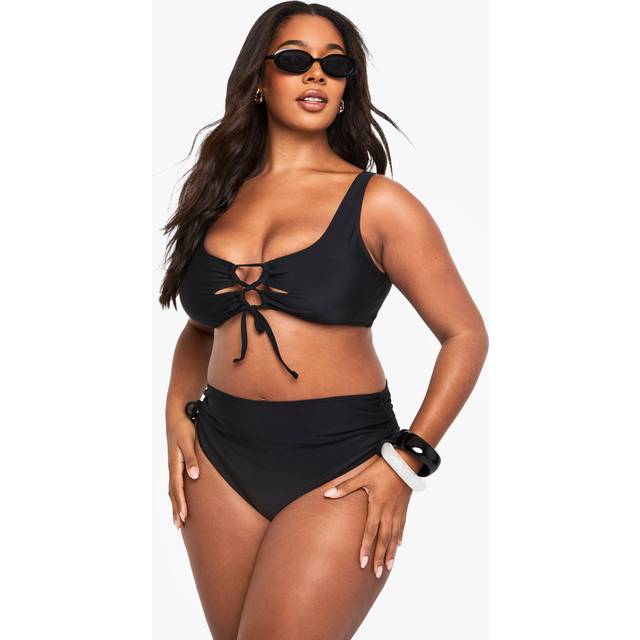 Womens Plus Tummy Control Ruched Side High Waist Bikini Bottom - Black - 18