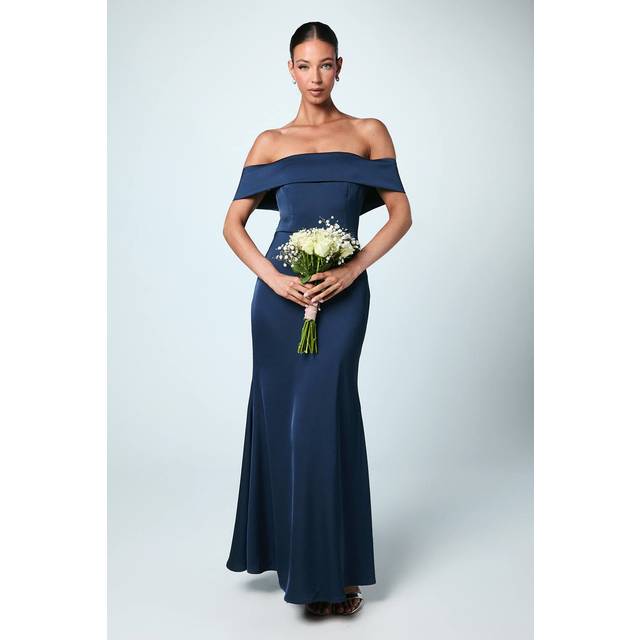 Satin Bardot Maxi Bridesmaid Dress - Navy - 18