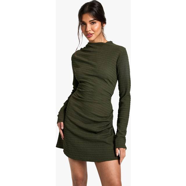 boohoo Women's Textured Ruched Skater Mini Dress in Green | Size: 14