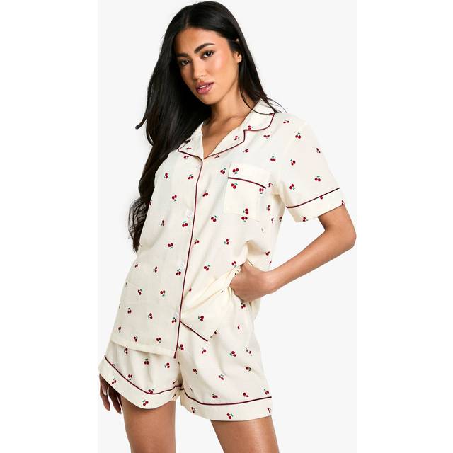 Womens Cherry Print Piping Detail Short Sleeve Shirt & Shorts Pyjama Set - White - 6