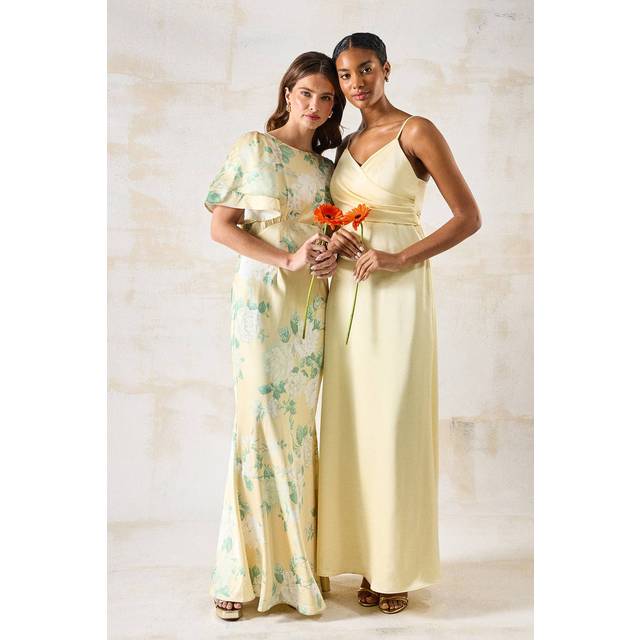 Dahlia Printed Angel Sleeve Satin Bridesmaid Dress - Lemon - Yellow - 14