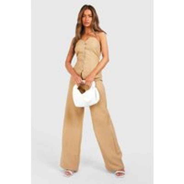Womens Linen Look Wide Leg Trousers - Camel - 6
