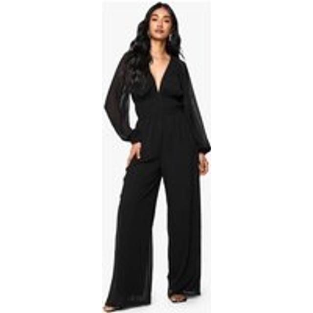 Womens Chiffon V Neck Ruched Wide Leg Jumpsuit - Black - 8, Black