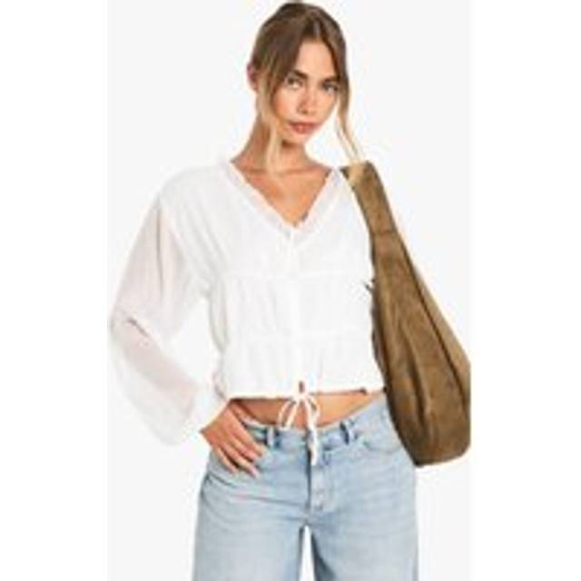Womens Chiffon Ruched Crop Blouse - White - 12