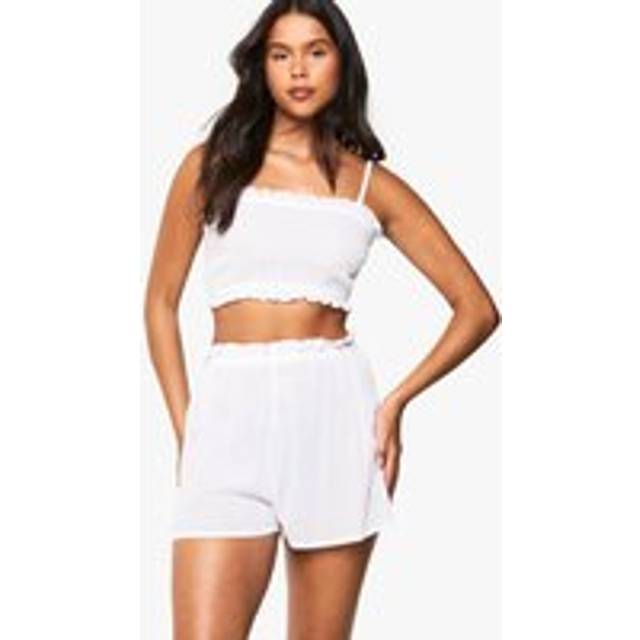 Womens Bridal Textured Cheesecloth Ruffle Detail Cami Top & Shorts Pyjama Set - White - 8, White