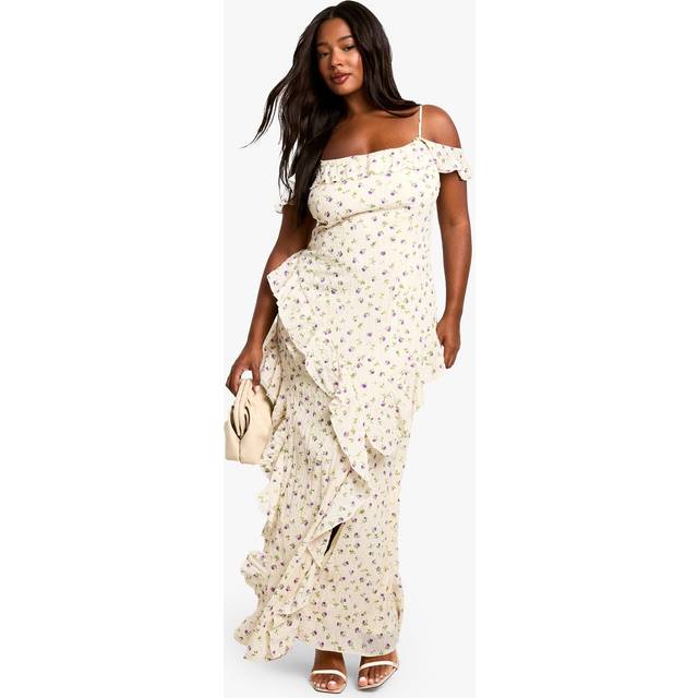Womens PLUS DITSY FLORAL OFF THE SHOULDER RUFFLE DETAIL MAXI DRESS - Blue - 24