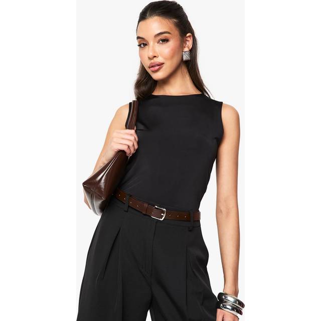 Womens Wider Strap Sleeveless Slinky Double Layer Bodysuit - Black - 10