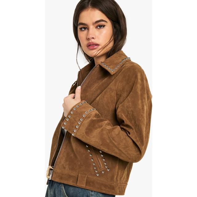 Womens Suede Look Studded Jacket - Brown - 8, Brown