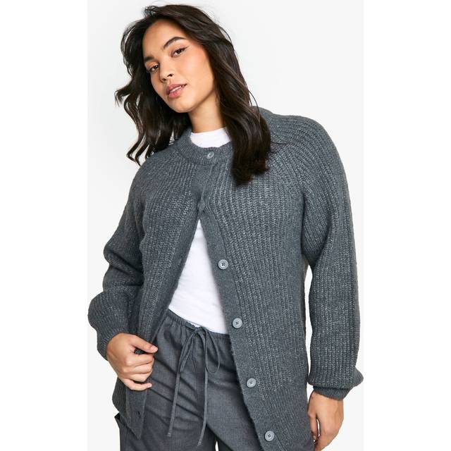 Womens Plus Knitted Oversized Boxy Button Front Cardigan - Grey - 22